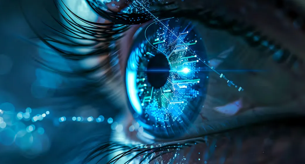 Close-up of a human eye with digital circuit patterns and glowing blue light effects, representing artificial intelligence and technology integration.