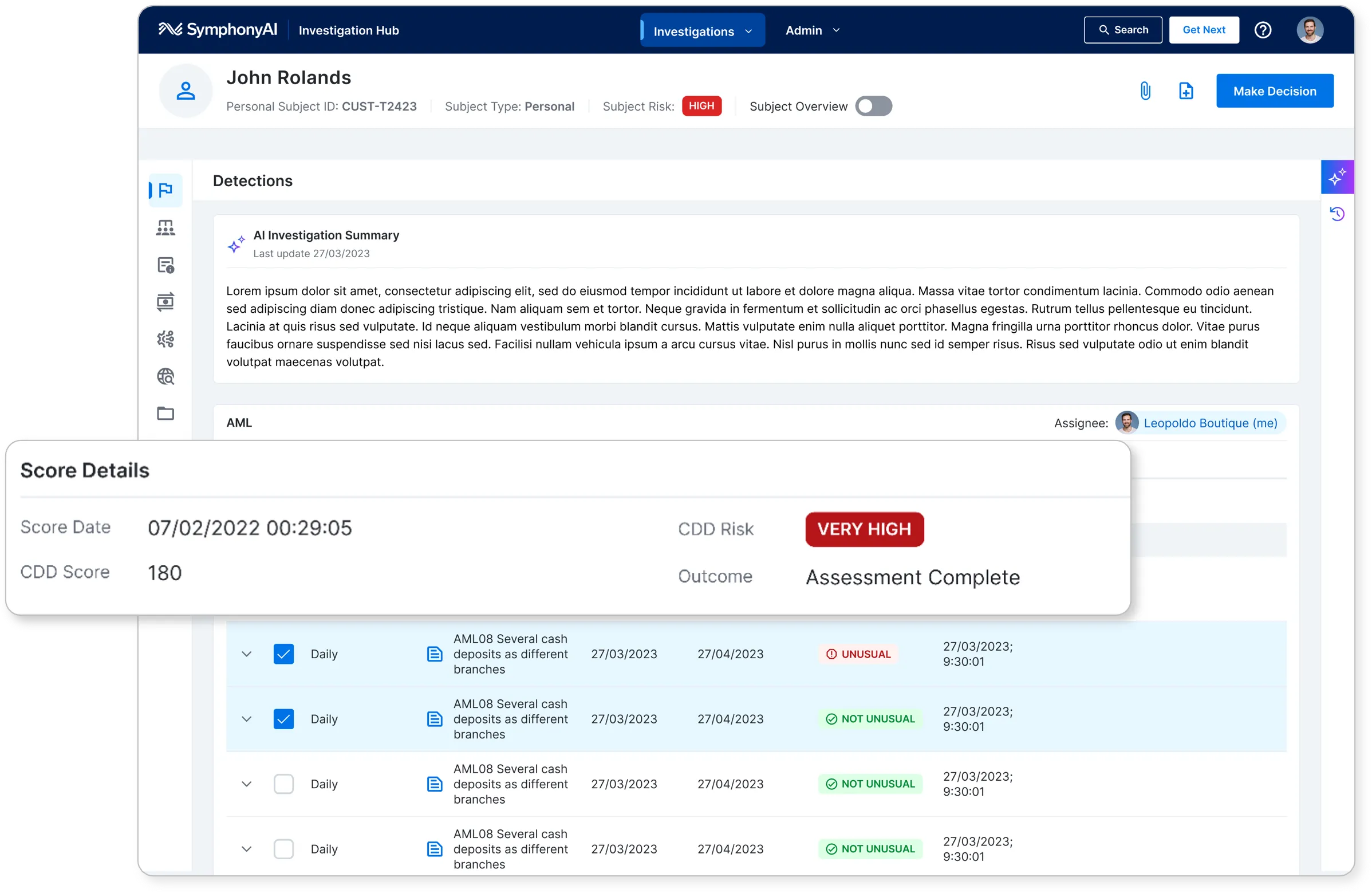 SymphonyAI Investigation Hub interface showing a personal subject profile for John Rolands with high subject risk. It displays an AI investigation summary with placeholder text, and a detections list for AML with several cash deposits as different branches, marked as unusual or not unusual. A detailed score card overlay shows a CDD score of 180 dated 07/02/2022 with a very high CDD risk and assessment complete outcome. The interface includes user controls like search, make decision button, and user profile.