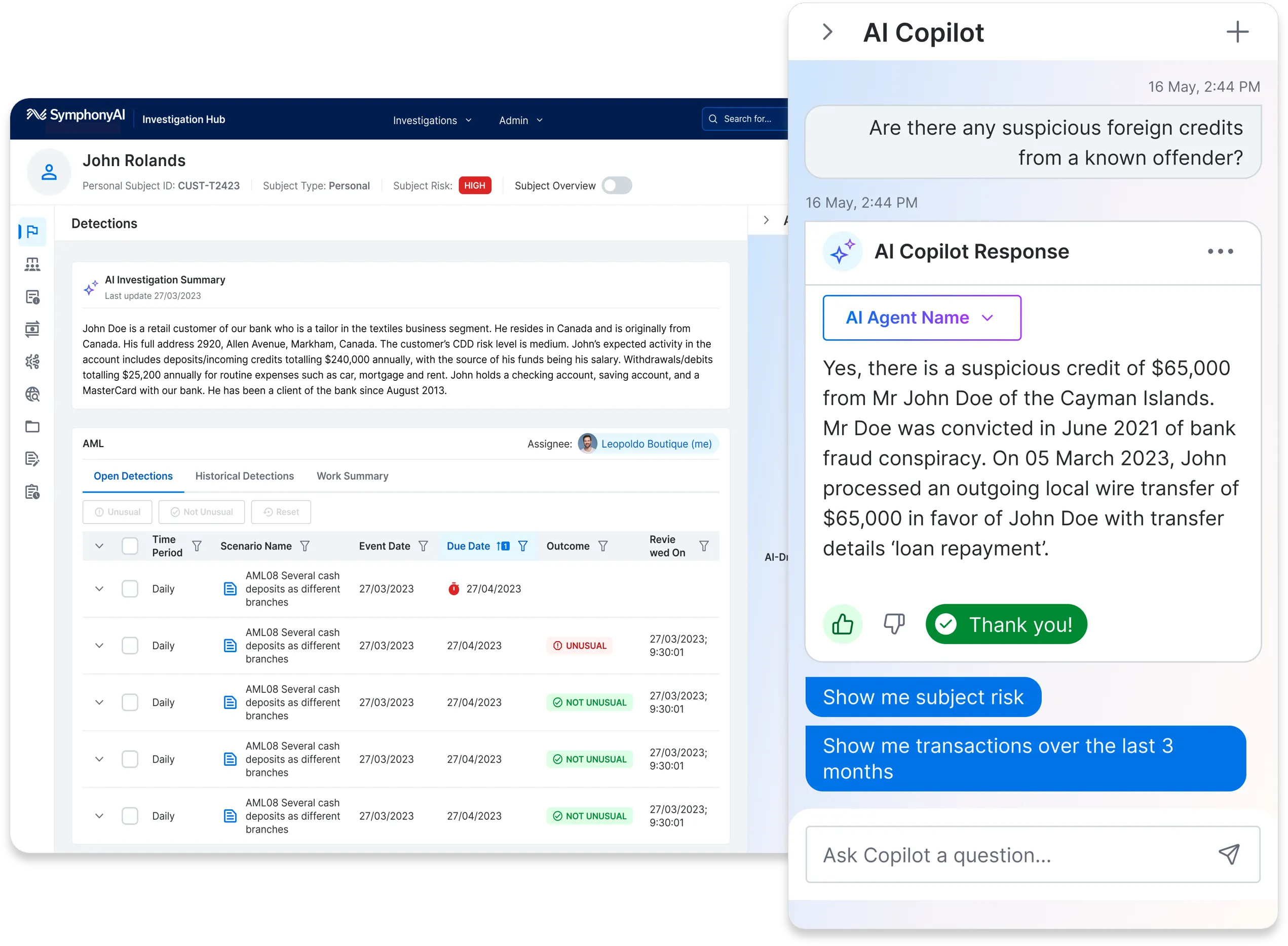 Screenshot of SymphonyAI Investigation Hub showing a personal investigation for John Rolands with a high subject risk. The AI Investigation Summary describes John Doe as a retail customer and tailor from Canada with a $240,000 annual deposit and $25,200 annual debit activity. The AML section lists daily detections of several cash deposits with outcomes marked unusual or not unusual. On the right, an AI Copilot chat displays a user query about suspicious foreign credits, with an AI response confirming a suspicious $65,000 credit linked to John Doe of the Cayman Islands, convicted of bank fraud, and details of an outgoing wire transfer labeled 'loan repayment'.