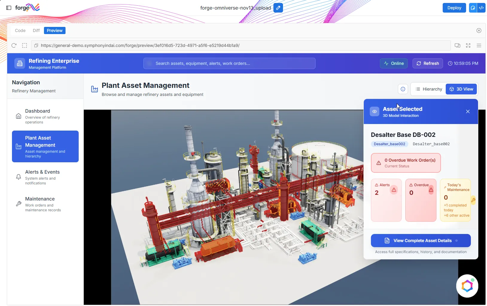 User interface of Refining Enterprise Management Platform showing the Plant Asset Management section with a 3D model of refinery equipment selected. The selected asset is Desalter Base DB-002 with status alerts indicating 2 alerts, 0 overdue work orders, and today's maintenance details.