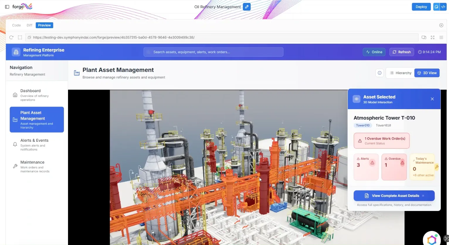 A digital interface of Refining Enterprise Management Platform showing Plant Asset Management for an oil refinery, with a 3D model of refinery equipment and towers highlighted in orange and red. The selected asset is Atmospheric Tower T-010, indicating 1 overdue work order, 3 alerts, and 0 maintenance for today. Navigation options include Dashboard, Plant Asset Management, Alerts & Events, and Maintenance. The interface shows options for searching assets and switching between hierarchy and 3D view.