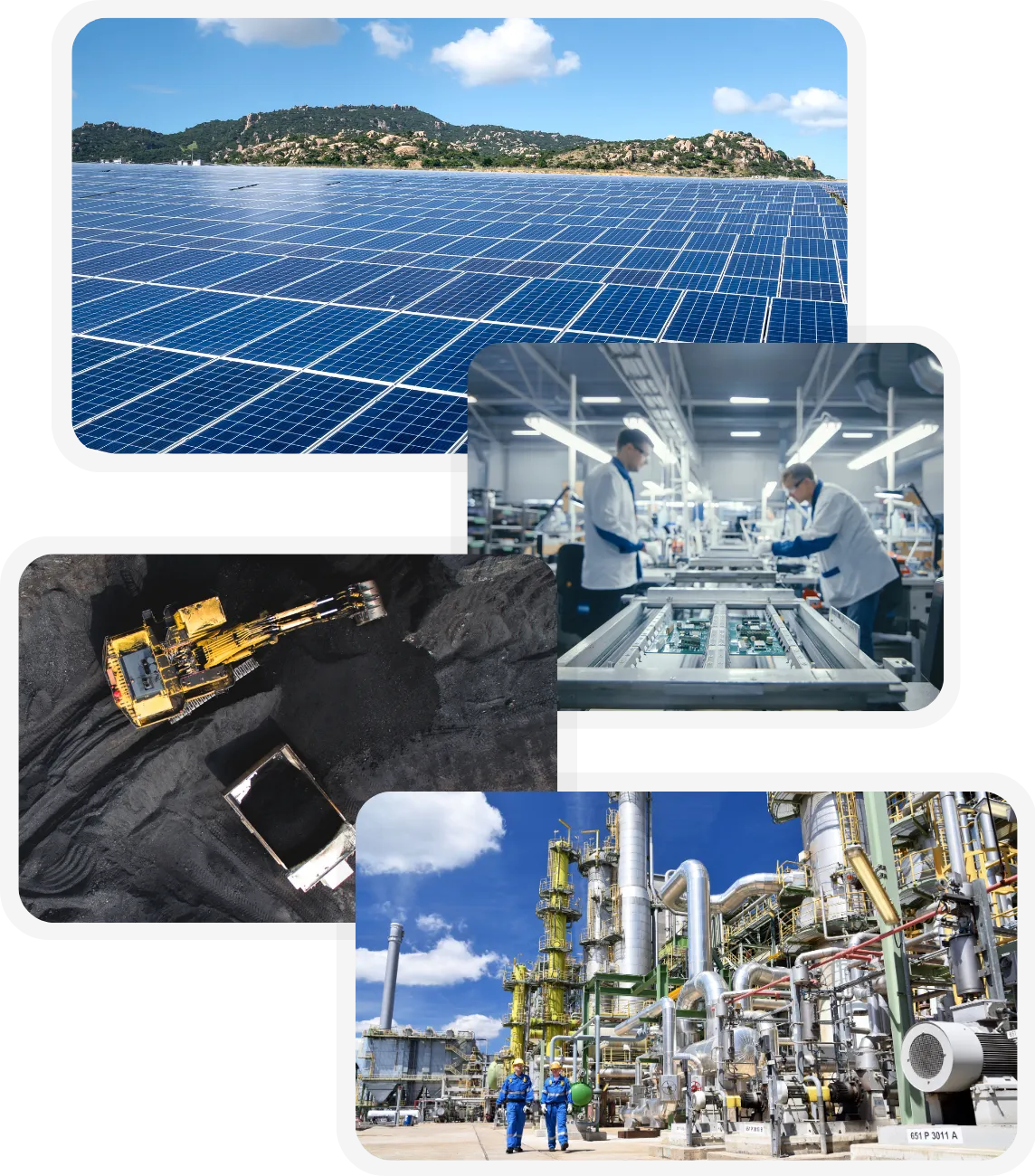 Collage of four industrial and energy scenes: a large solar panel array with mountains in the background; two workers inspecting electronics on a factory production line; aerial view of a yellow excavator loading coal into a truck; and two workers walking in a petrochemical plant with tall metal towers and pipes under a blue sky.