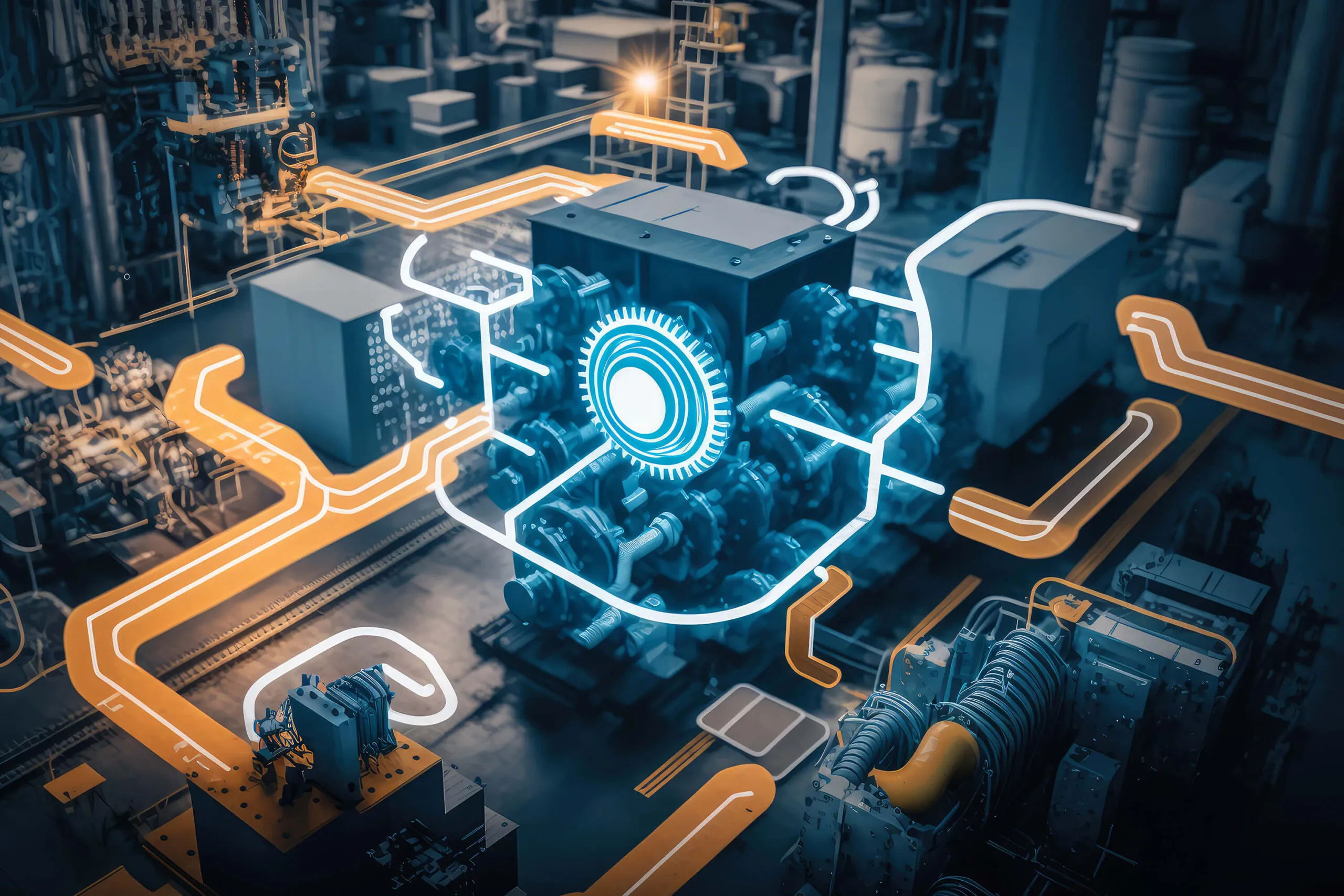 Industrial machinery with digital overlay showing connected circuits and a glowing central gear symbol in a factory setting.
