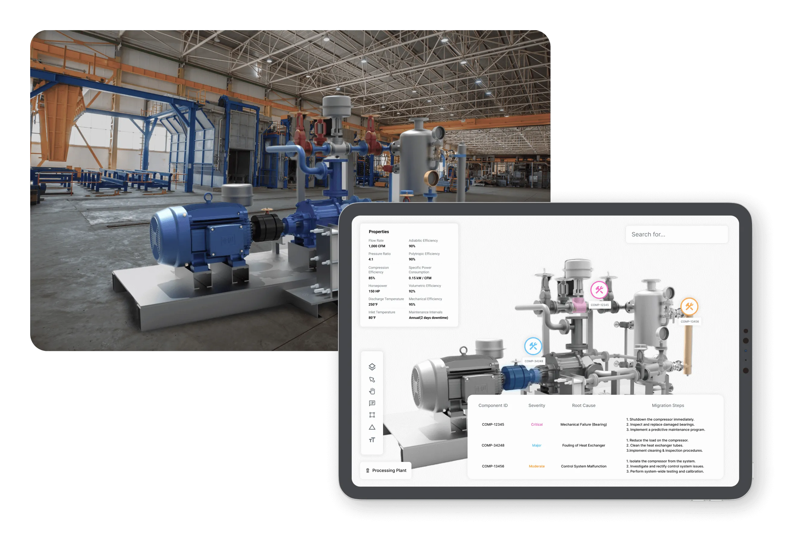An industrial machine with blue motor and pipes in a large factory space, alongside a tablet screen displaying a 3D digital twin model of the machine with detailed properties, component IDs, severity levels, root causes, and maintenance steps.