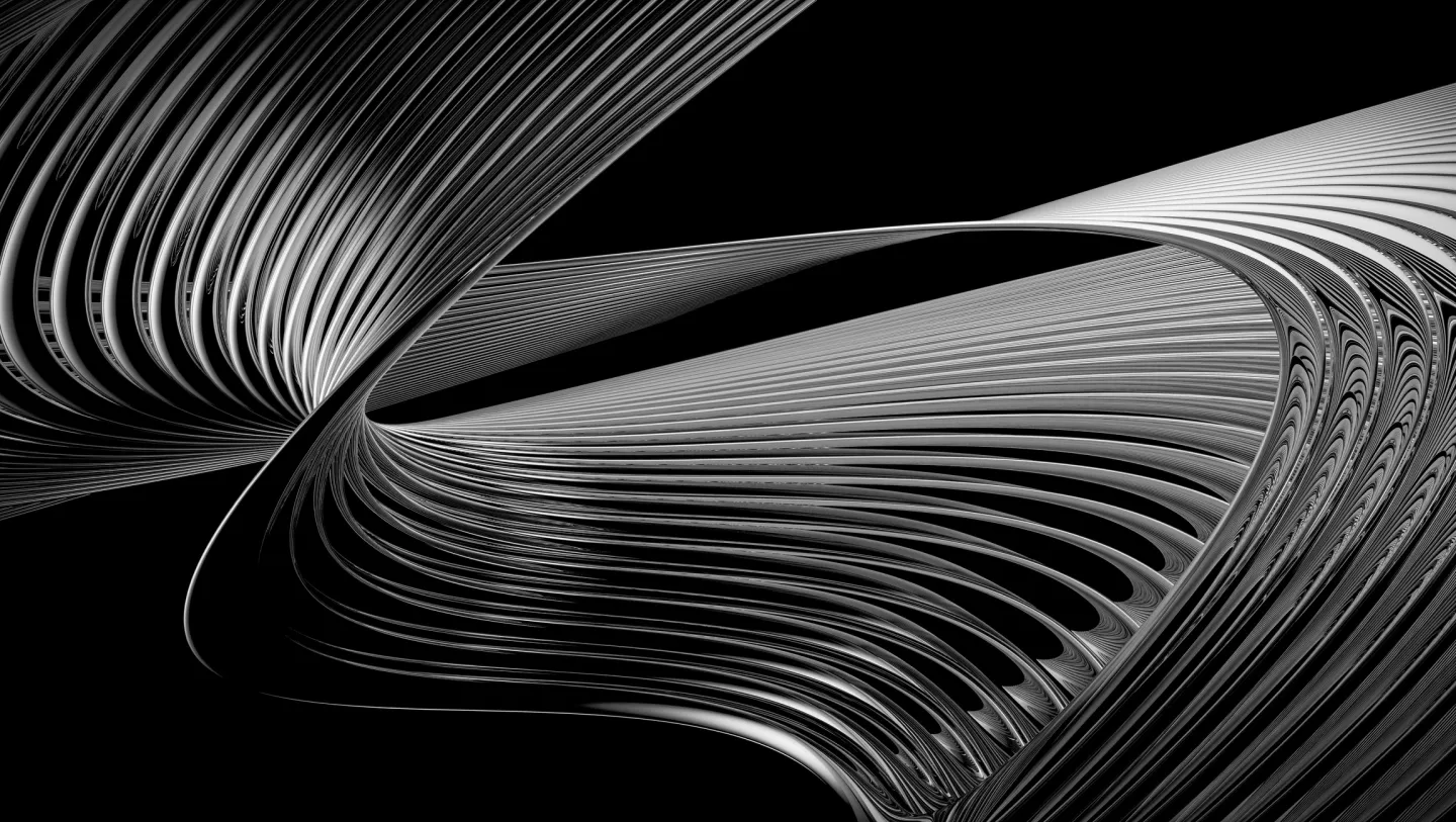 Abstract black and white digital art featuring smooth, curving, ribbon-like lines twisting and flowing against a black background.