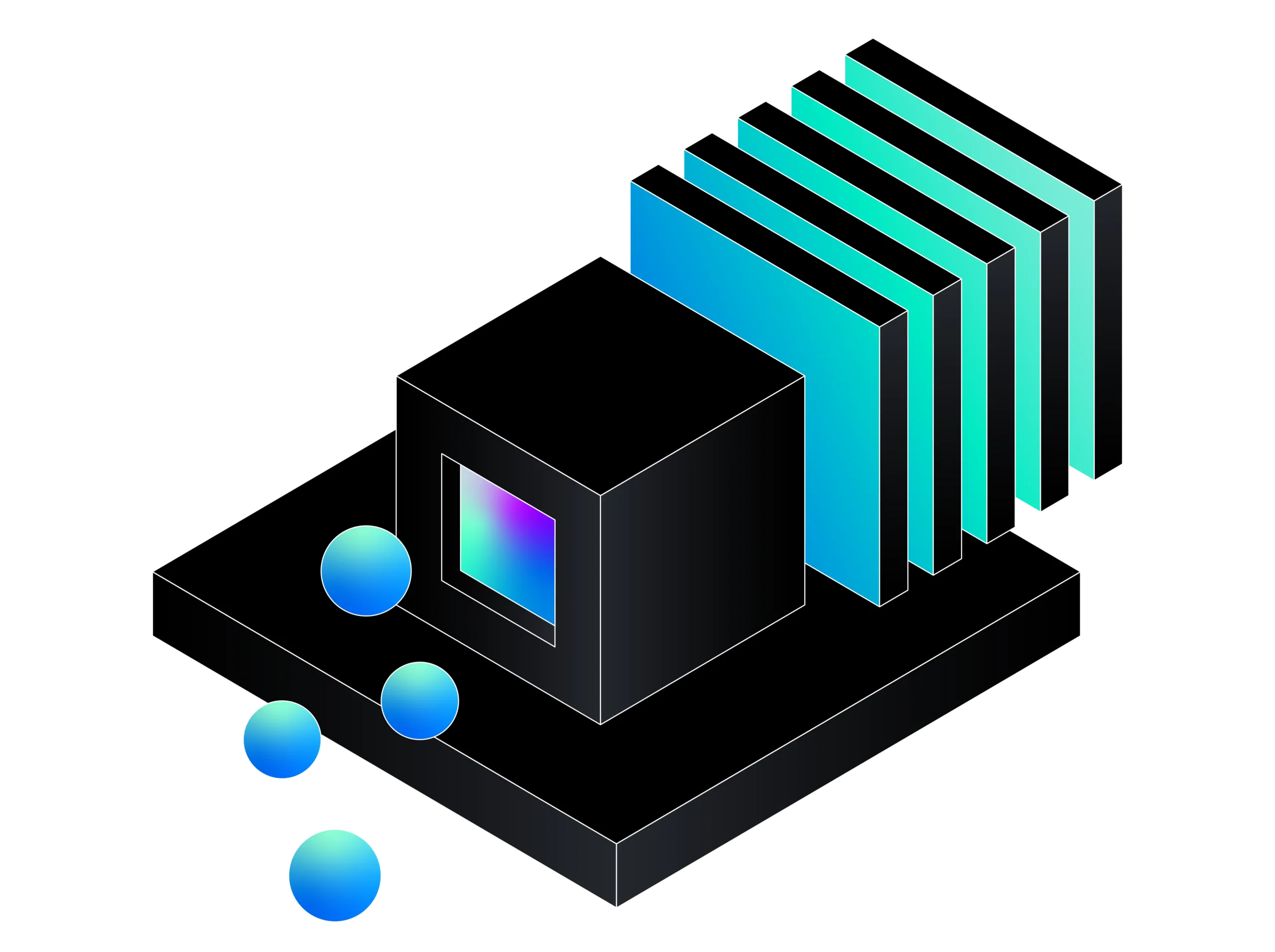 Abstract 3D illustration of a black rectangular base supporting a black cube with a colorful gradient square on one side, adjacent to a series of seven vertical gradient blue panels arranged in a row, with four gradient blue spheres floating to the left side.