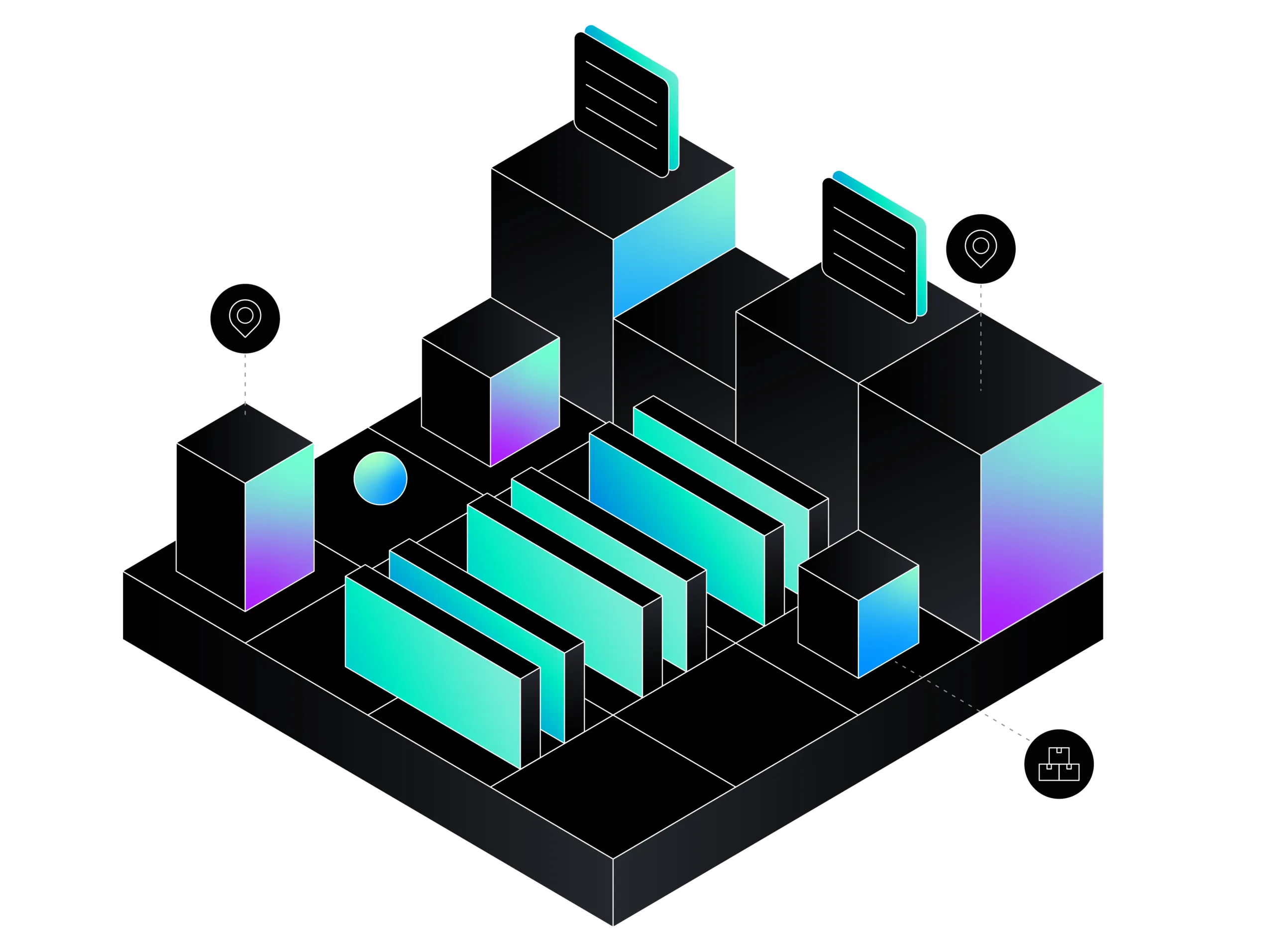 Isometric illustration of a digital data system with black and gradient teal-purple blocks resembling servers or storage units, two document icons above larger blocks, location pin symbols pointing to blocks on left and right, and a network or storage icon pointing to a small blue cube, all on a dark base grid.