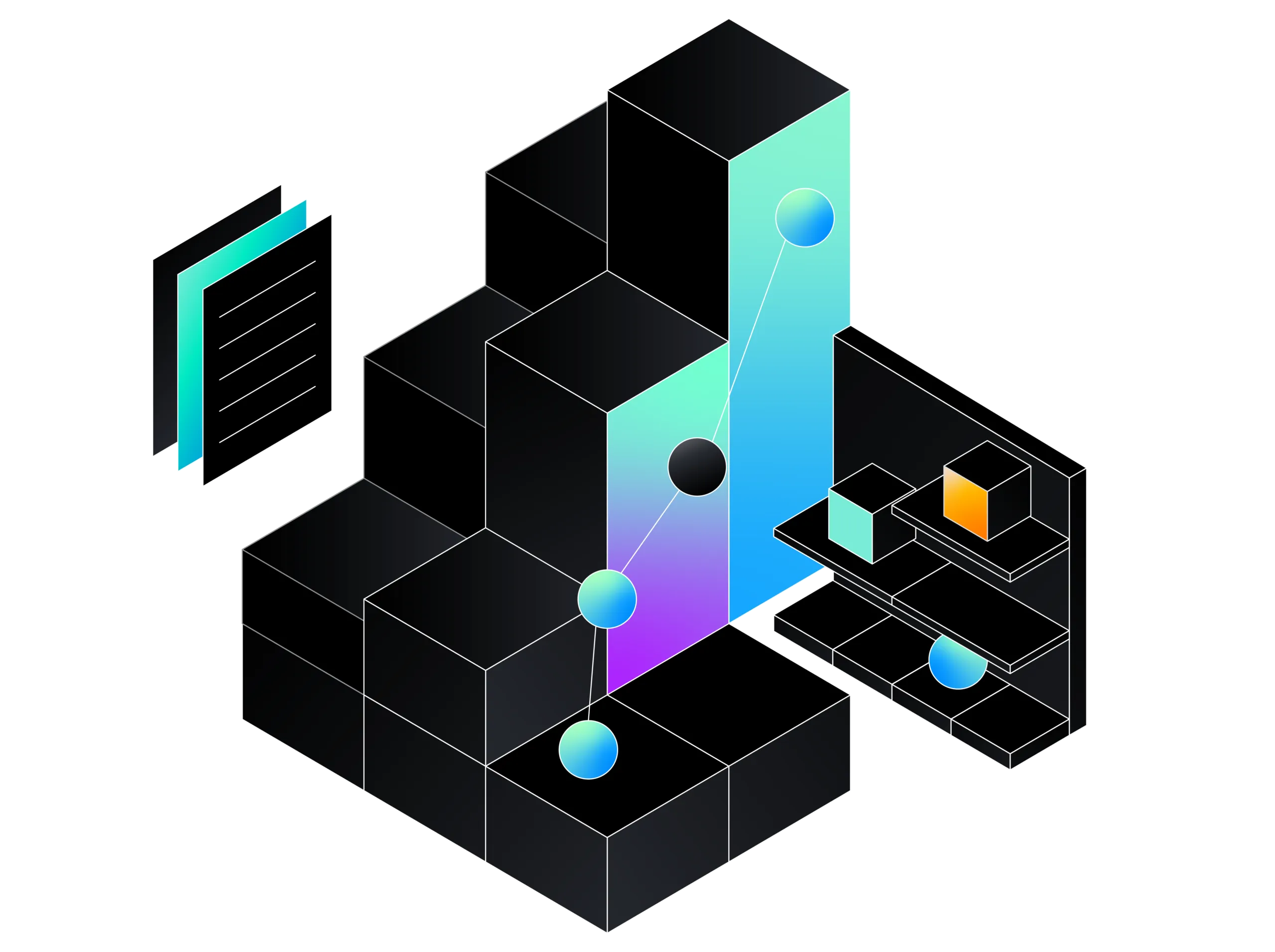 3D isometric digital illustration of black cubic blocks arranged in stepped formations with two gradient-colored vertical panels connected by a line with blue spheres, and a shelving unit with gradient cubes on the right, all on a black background.