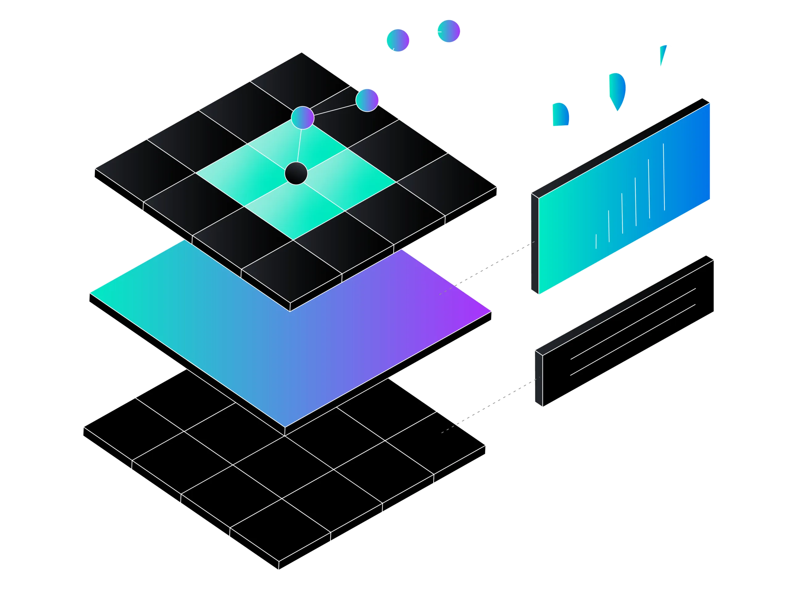 Illustration of a layered grid structure with a central highlighted square connected to nodes above, alongside abstract representations of data charts and textual information panels.