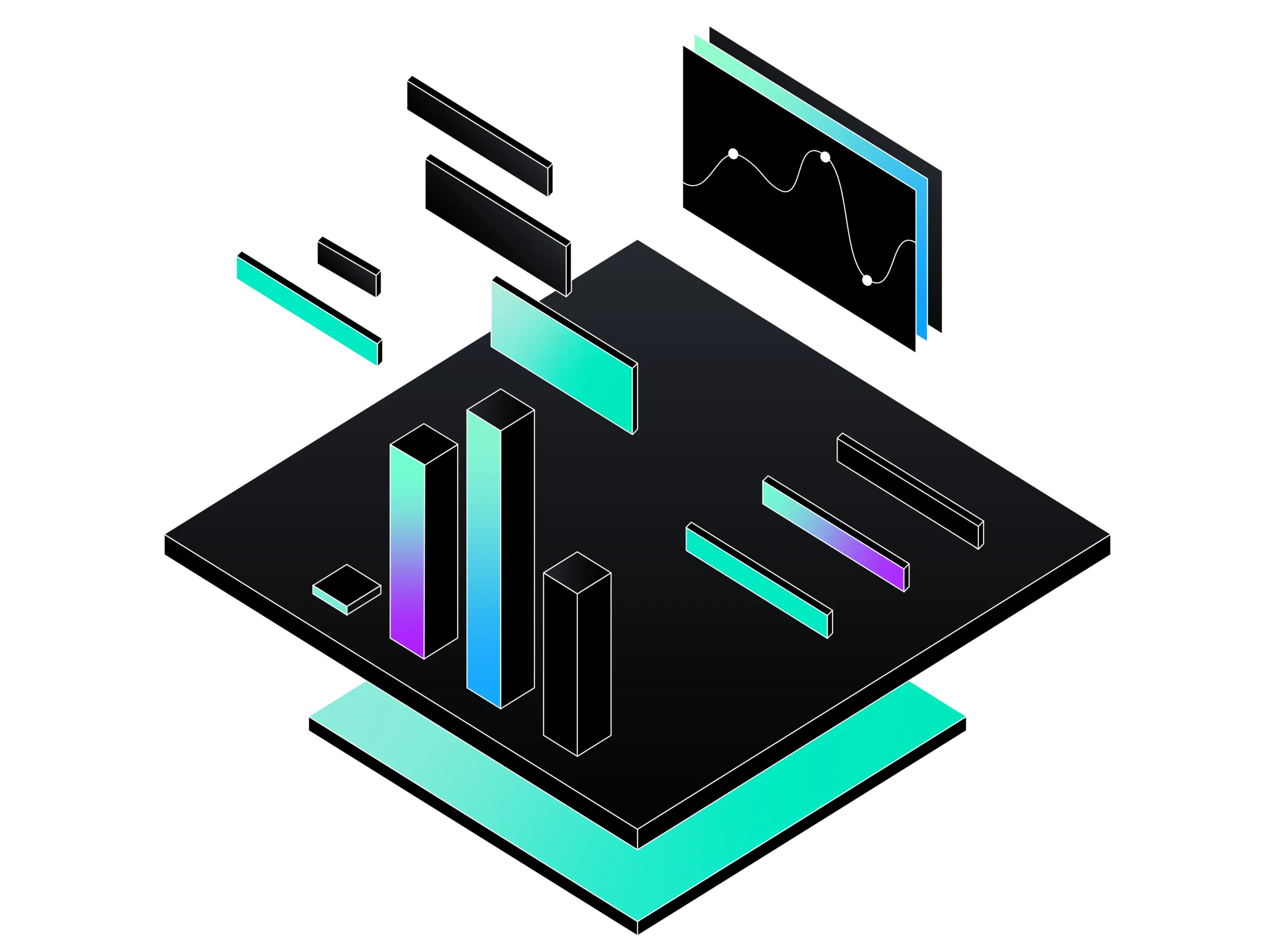 Isometric digital dashboard featuring multicolored vertical bar charts, horizontal bar elements, and a line graph with plotted points on separate layered panels against a dark background.