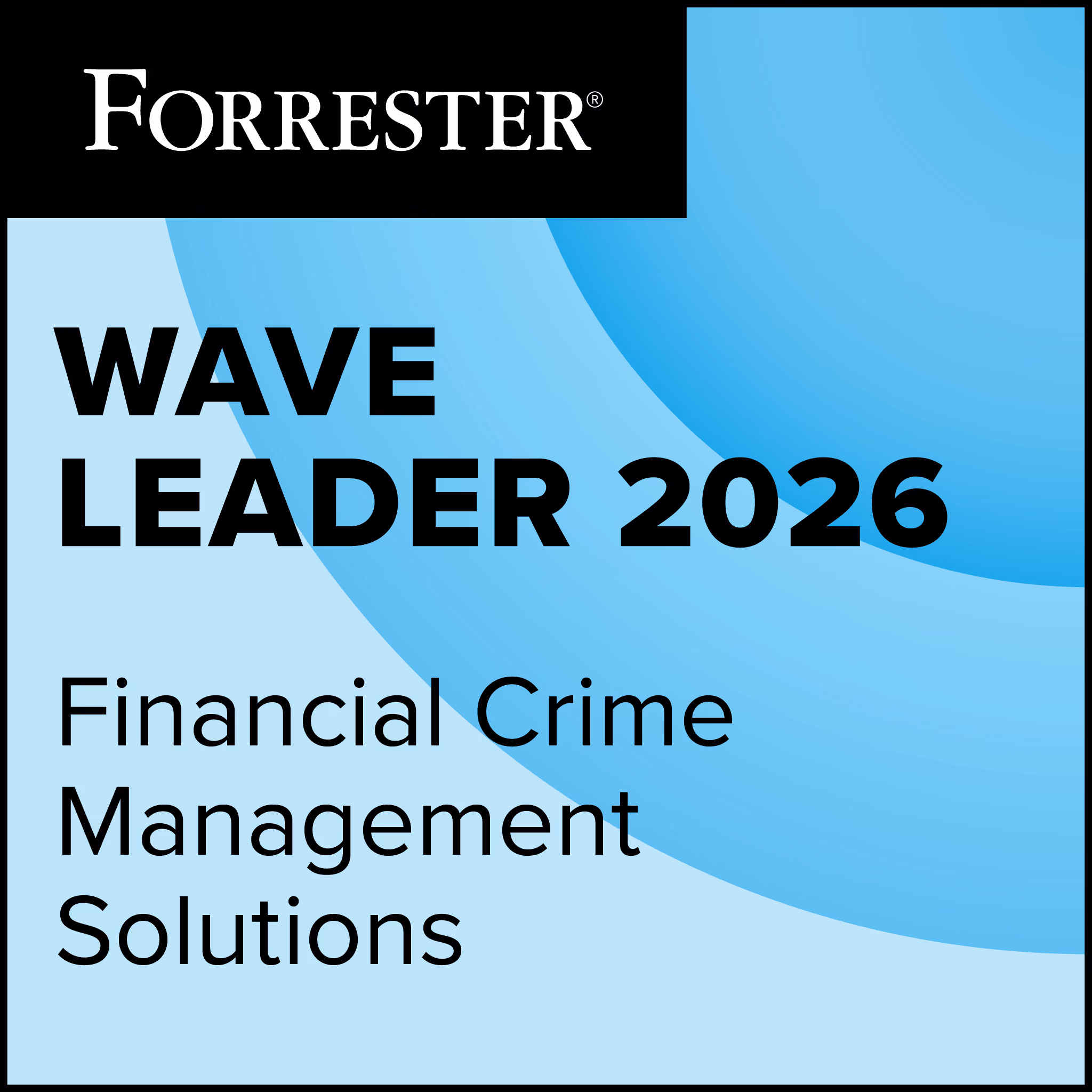 Forrester Wave Leader 2026 badge for Financial Crime Management Solutions with black and blue circular design.