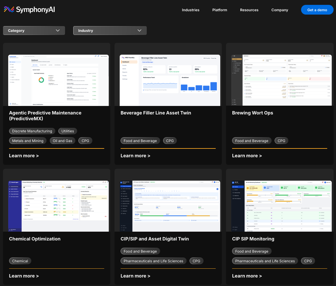 Industrial AI Solutions library showing apps and agents that can be filtered by industry.
