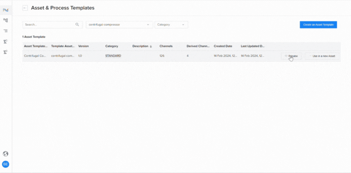 Asset and process templates screen in Predictive Asset Intelligence showing a centrifugal compressor template ready to apply to a new asset.