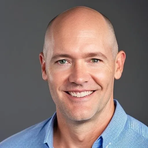 Portrait of a smiling bald man wearing a blue collared shirt against a plain gray background.