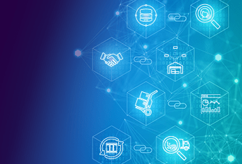 Blue digital background with hexagons containing white line icons representing database, handshake, magnifying glass, warehouse, hand truck with boxes, warehouse building, government building, and data analytics interconnected by lines and nodes.