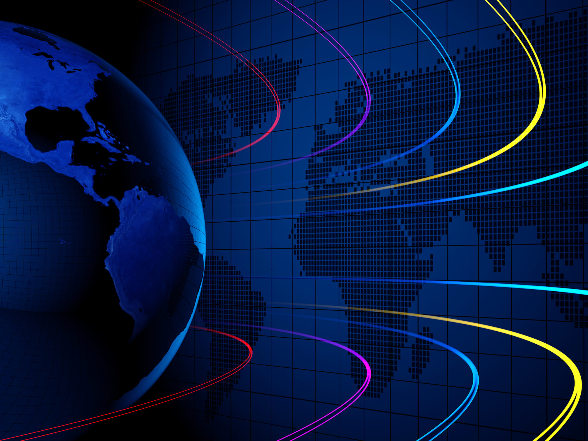 Blue globe showing North and South America on the left with a dark blue world map composed of square pixels on the right, overlaid by colorful curved lines in red, purple, blue, and yellow, suggesting global digital connectivity or communication.