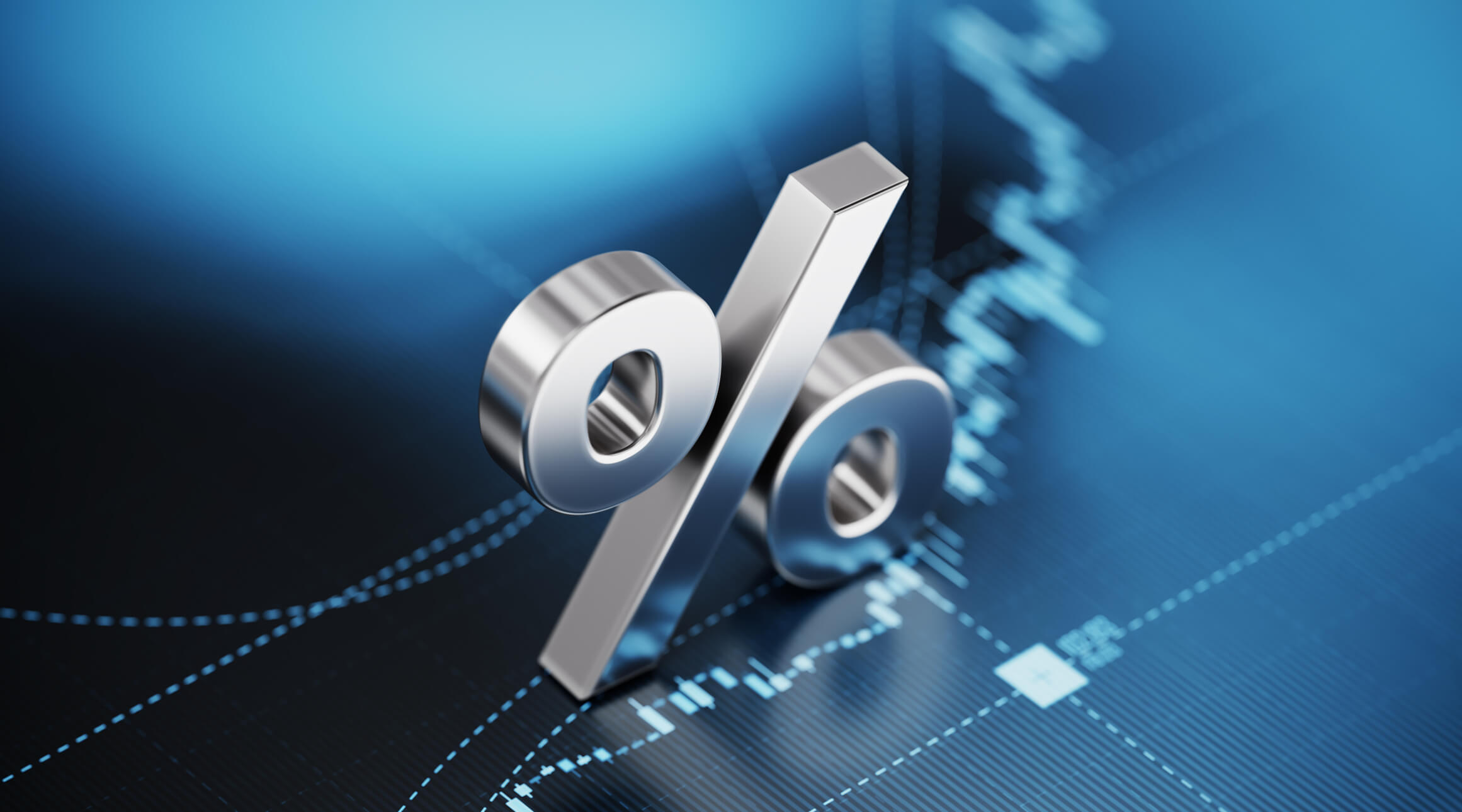A large shiny metallic 3D percentage symbol stands prominently against a blurred digital financial graph background with blue tones.