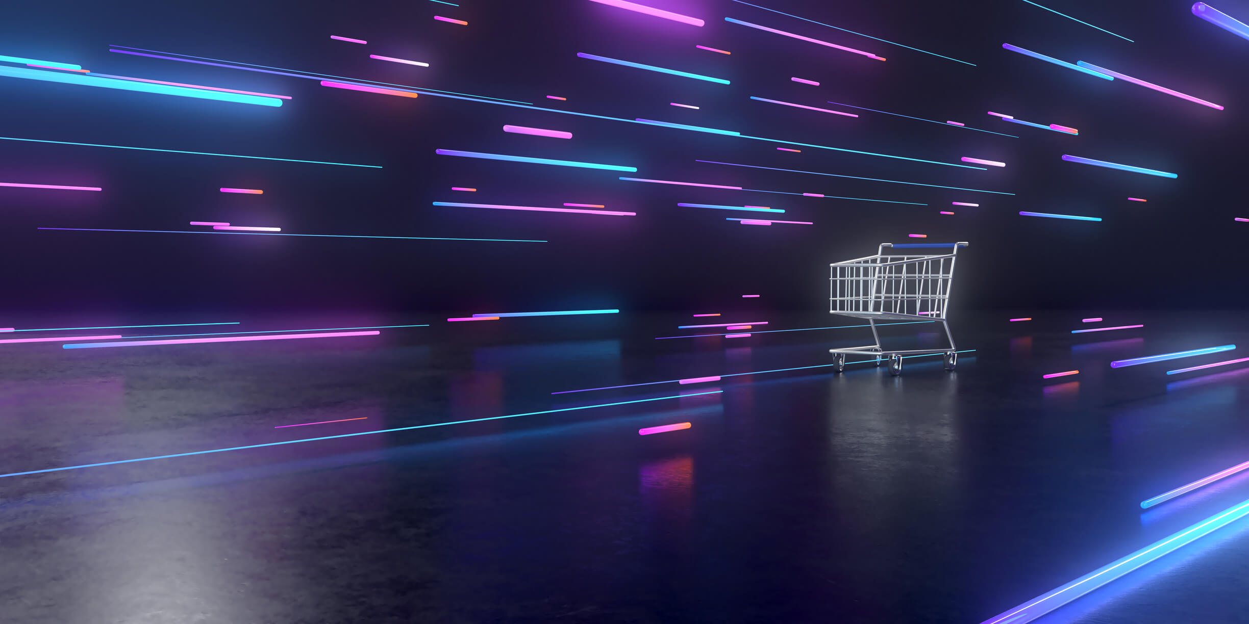 A single empty shopping cart on a reflective dark surface with numerous neon light streaks in blue, pink, purple, and orange colors moving horizontally across a dark background.