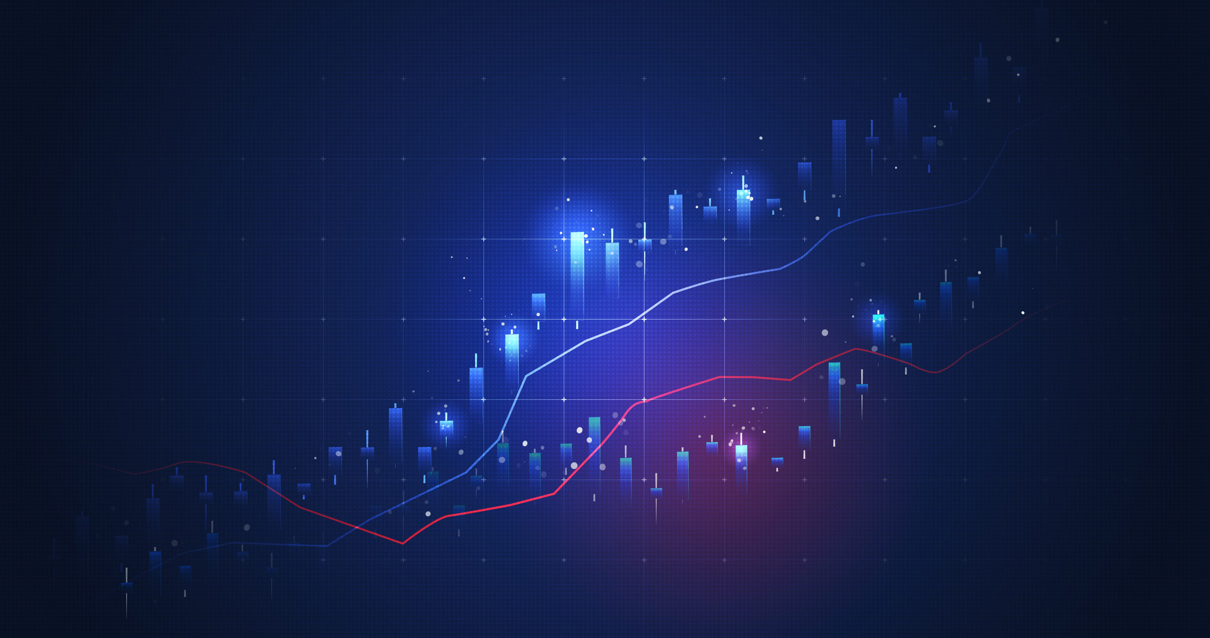 Digital financial chart with blue candlestick bars showing stock price movements and two trend lines, one light blue and one red, on a dark blue grid background.