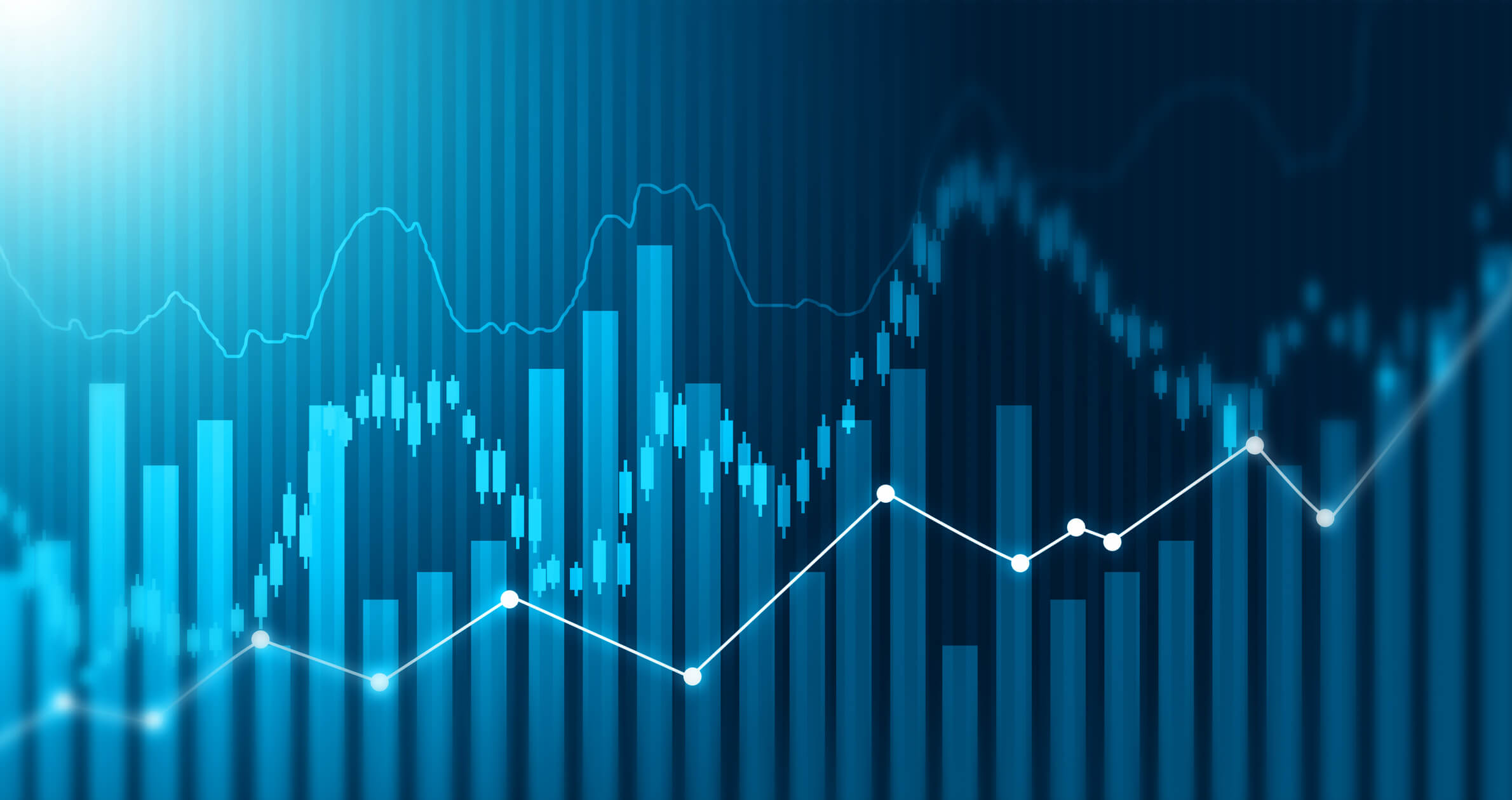 Digital blue-toned stock market chart with vertical bar graphs and candlestick patterns overlaid by white line graph points indicating financial data trends.
