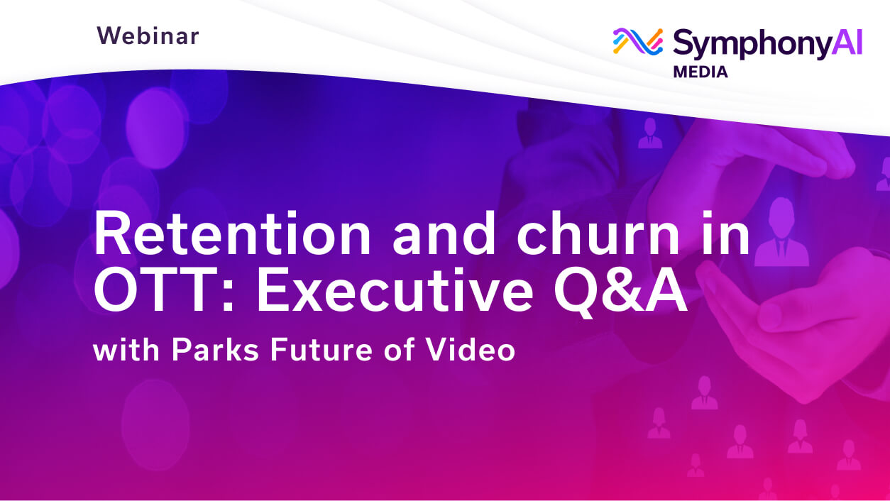 Webinar banner with text 'Retention and churn in OTT: Executive Q&A with Parks Future of Video' on a purple and pink gradient background, featuring the SymphonyAI Media logo in the top right corner and a faint image of hands surrounding user icons.