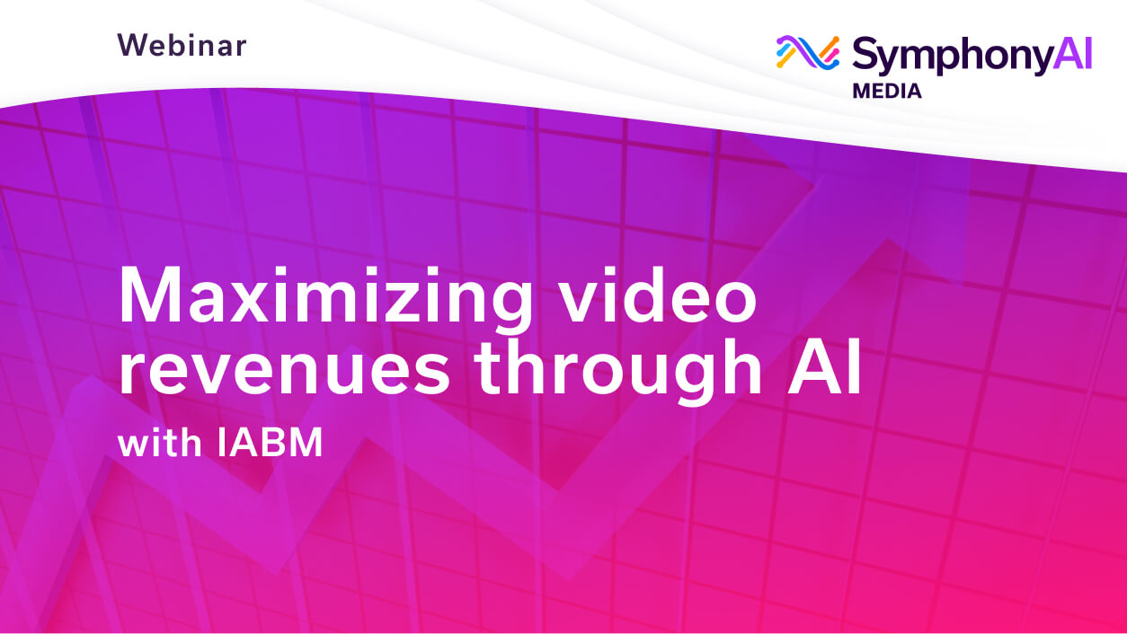 Banner for a webinar by SymphonyAI Media titled 'Maximizing video revenues through AI' with IABM, displayed on a purple and pink gradient background with a faint upward arrow graph.