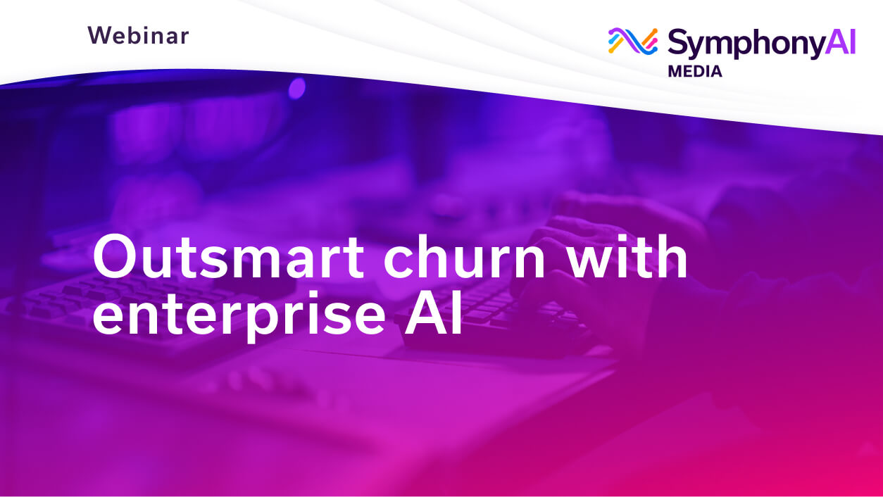 Webinar announcement with a background image of hands typing on a keyboard, overlaid with purple and pink gradient, featuring the text 'Outsmart churn with enterprise AI' and the SymphonyAI Media logo.