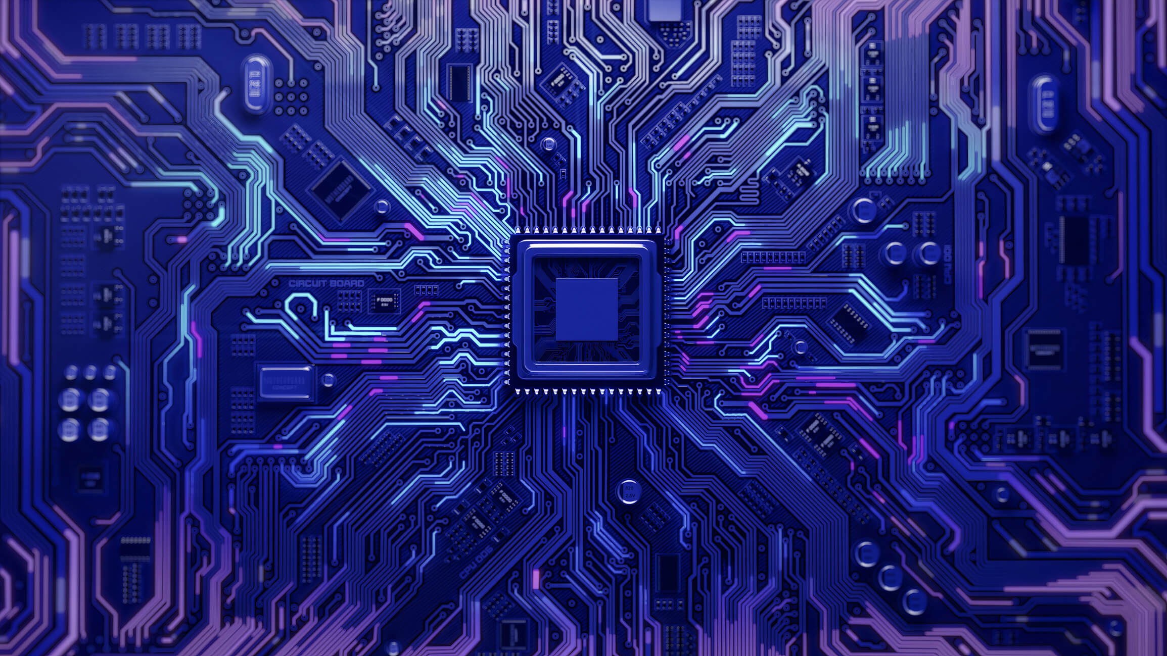 Close-up of a blue printed circuit board with a central square microchip and intricate electronic pathways highlighted in light blue and purple.