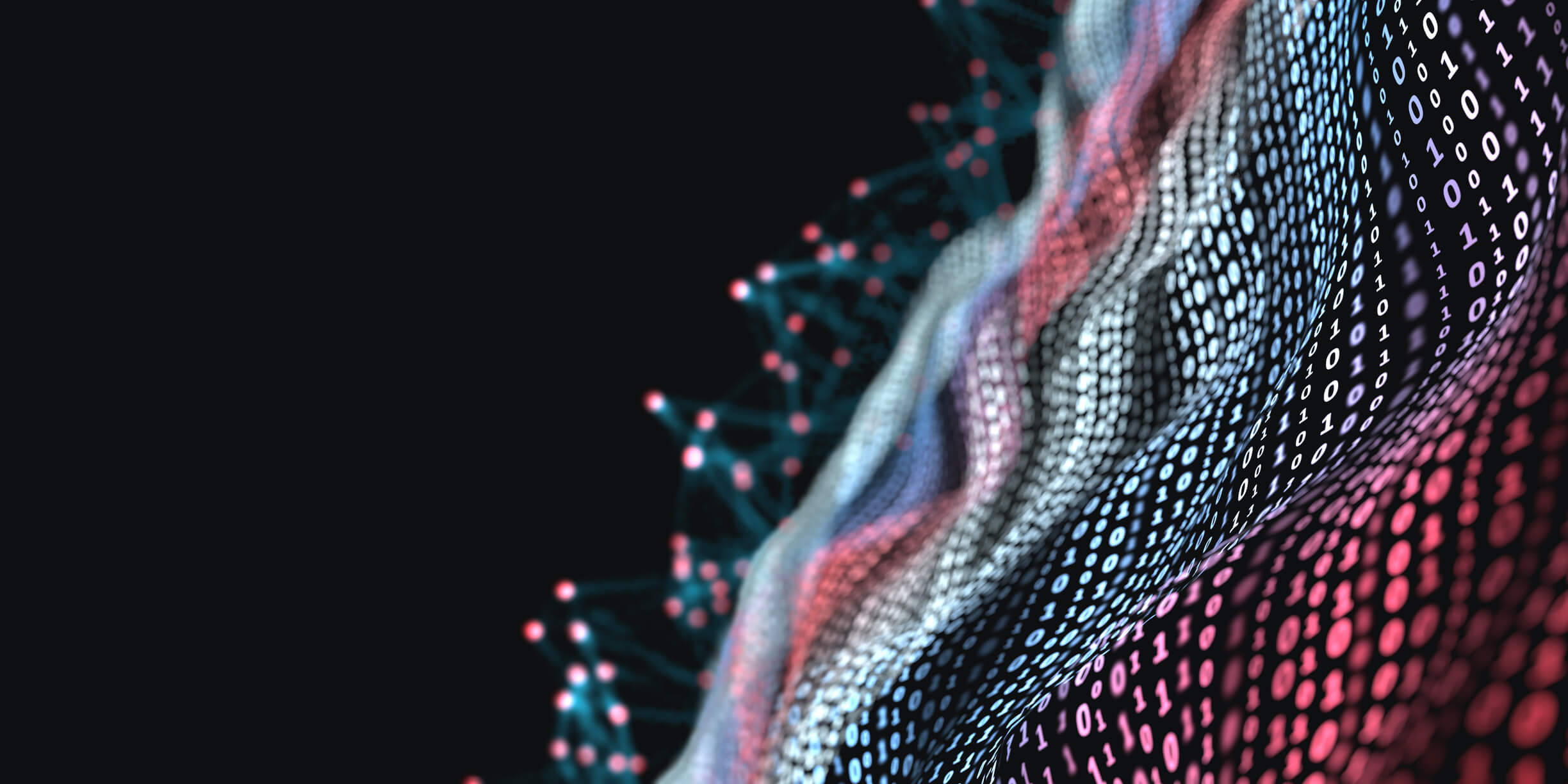 Wavy digital surface composed of rows of binary code (ones and zeros) in blue, white, and red hues over a black background, with connecting nodes and lines in the background suggesting network or data flow.