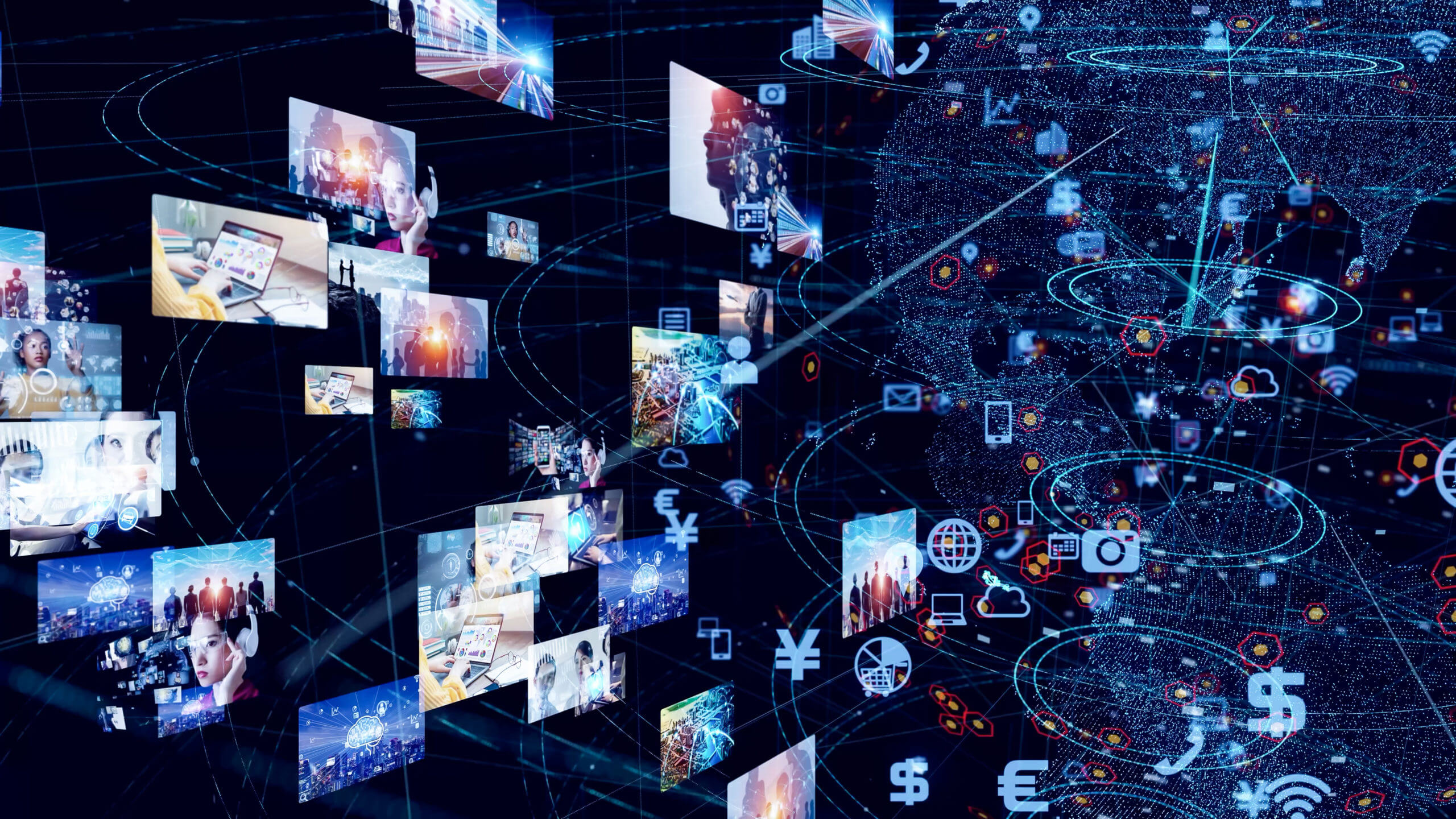 Digital collage showing floating multimedia screens with people, technology, and data visuals connected around a holographic globe featuring currency symbols and network icons, representing global digital communication and technology.