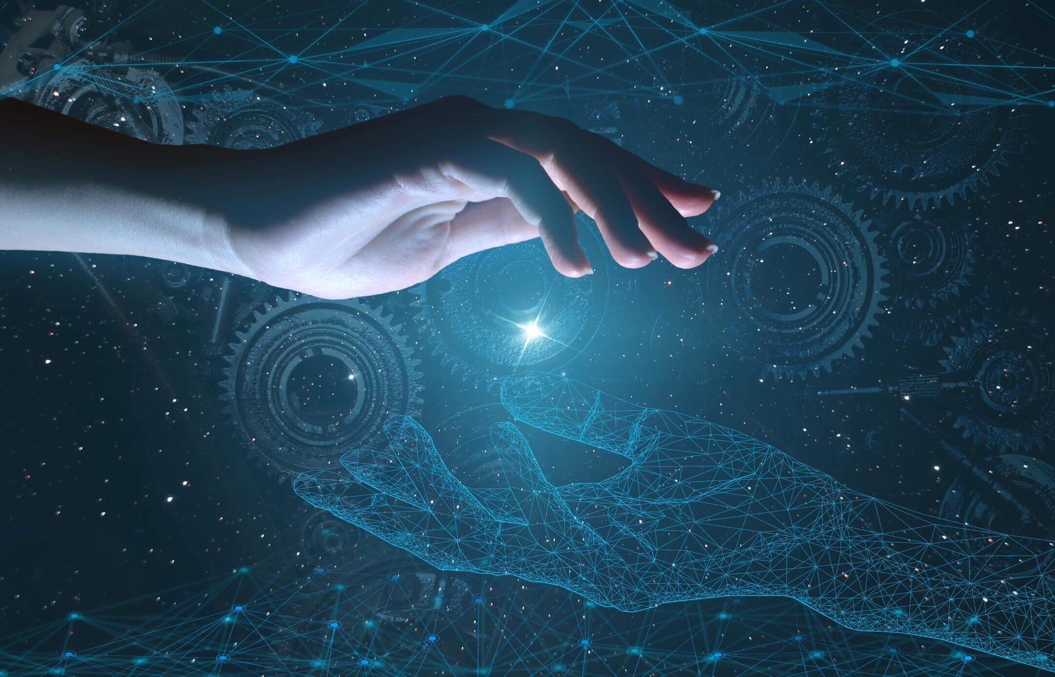 A human hand reaching out to touch a glowing light emerging from a futuristic, digital wireframe hand surrounded by abstract gears and a dark blue tech-inspired background.