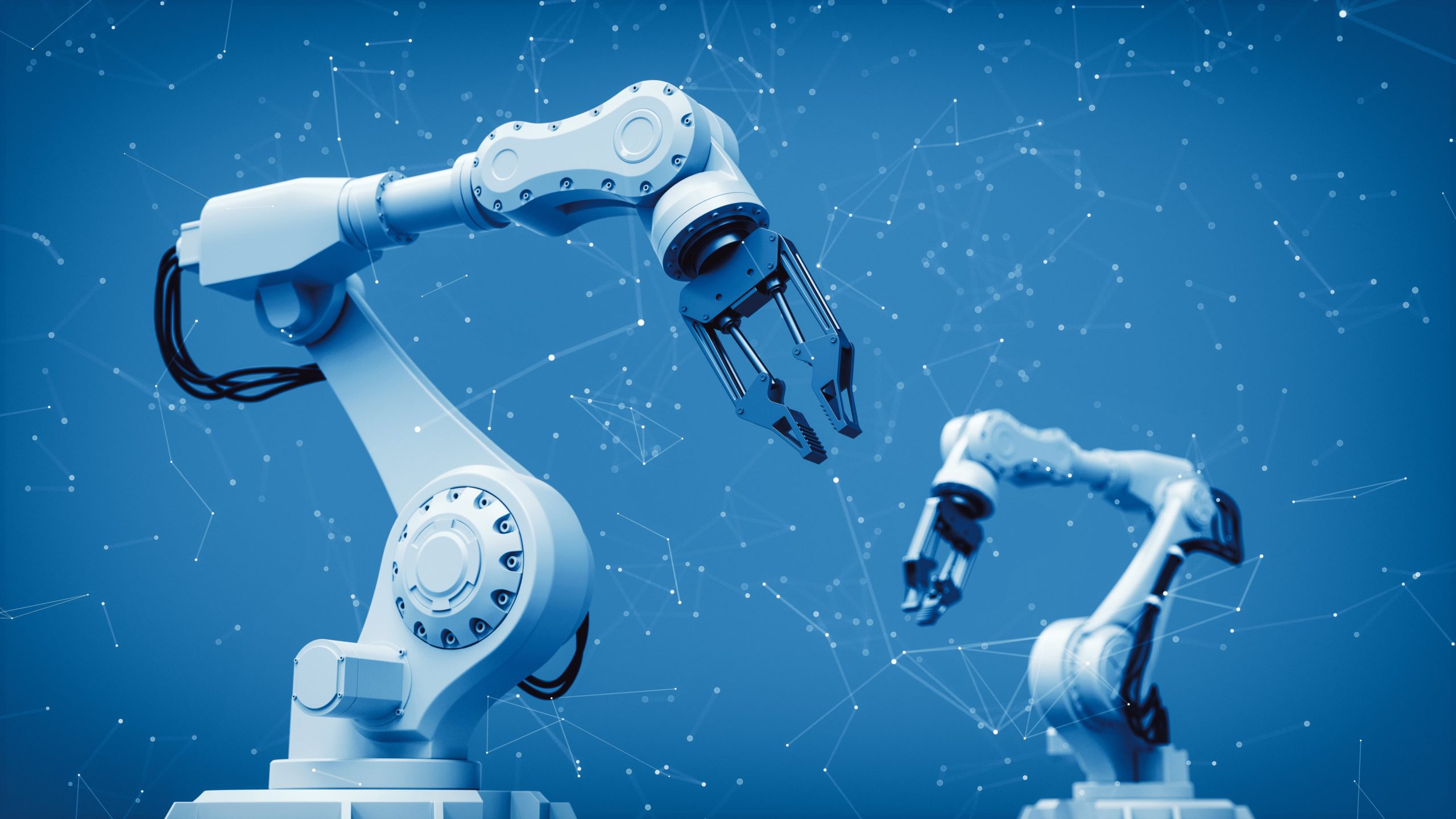 Two robotic arms with mechanical grippers against a blue background featuring abstract network connections, symbolizing automation and technology.