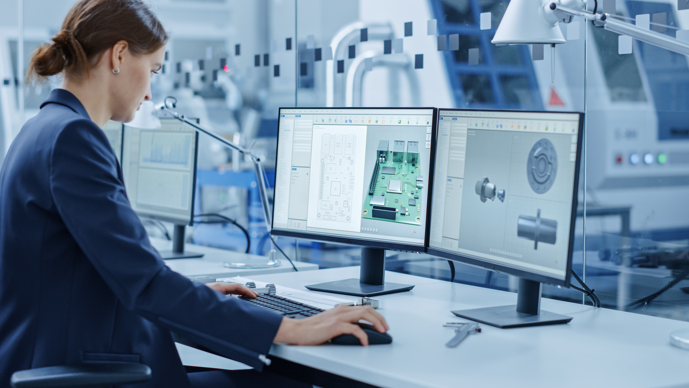 Engineer in a blue blazer working at a desk with dual monitors displaying detailed technical diagrams and 3D models of mechanical and electronic components in a modern industrial workspace.