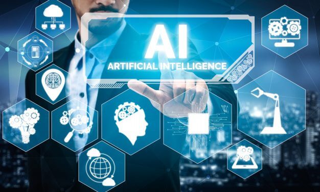 Businessman in a suit pointing to a glowing virtual screen with the text 'AI ARTIFICIAL INTELLIGENCE' surrounded by hexagonal icons representing AI concepts like brain, gears, cloud computing, and robotic arm.