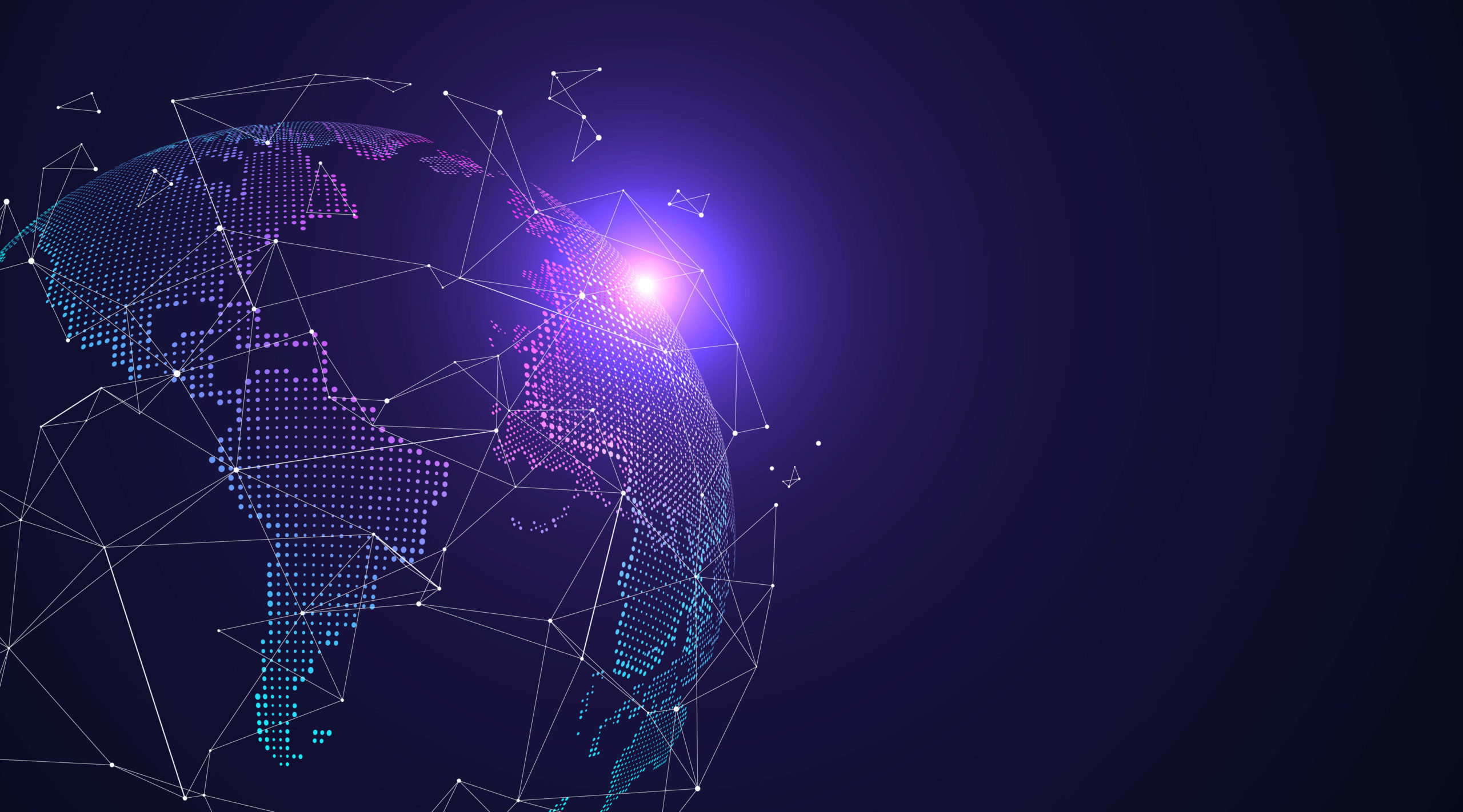 Stylized digital globe with continents represented by blue and purple dots connected by white network lines, set against a dark background with a glowing purple light near the top right of the globe.