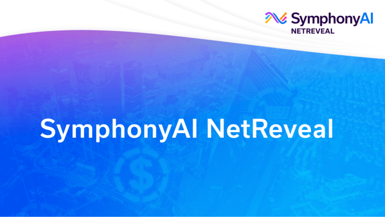 SymphonyAI NetReveal logo with abstract background in blue and purple gradient and faint city skyline and dollar sign.