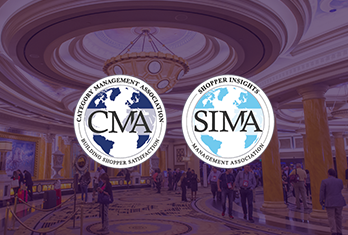 Elegant lobby or convention hall with people walking, featuring prominent logos of CMA (Category Management Association) and SIMA (Shopper Insights Management Association) centered at the image.