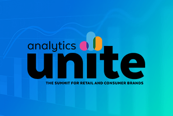 Logo for Analytics Unite, the summit for retail and consumer brands, with colorful bar chart icons on a blue to green gradient background.