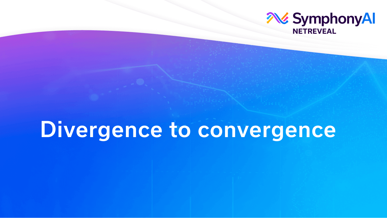Blue and purple gradient background with a faint data graph pattern and the text 'Divergence to convergence' centered, SymphonyAI NETREVEAL logo in the top right corner.