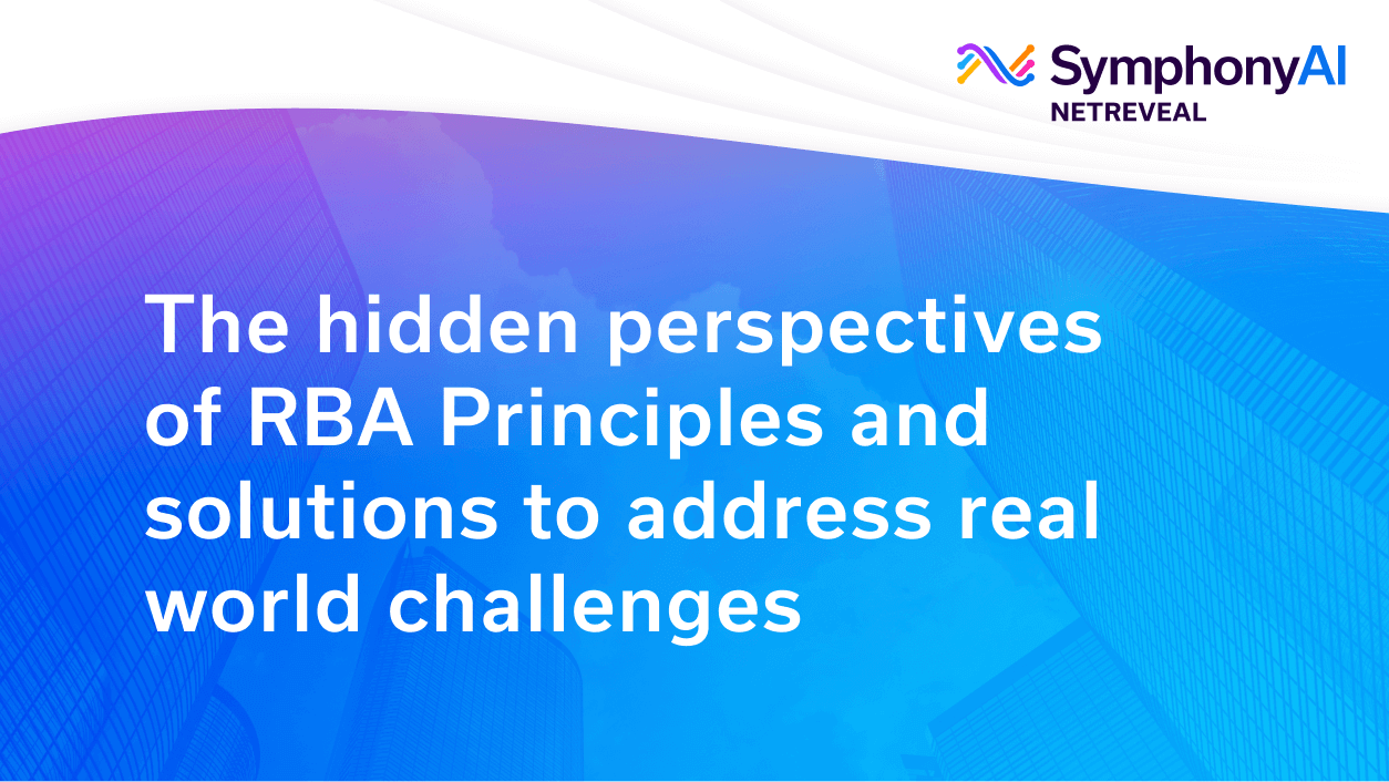 Title slide with text 'The hidden perspectives of RBA Principles and solutions to address real world challenges' on a blue and purple gradient background with skyscraper silhouettes, featuring the SymphonyAI NetReveal logo in the top right corner.