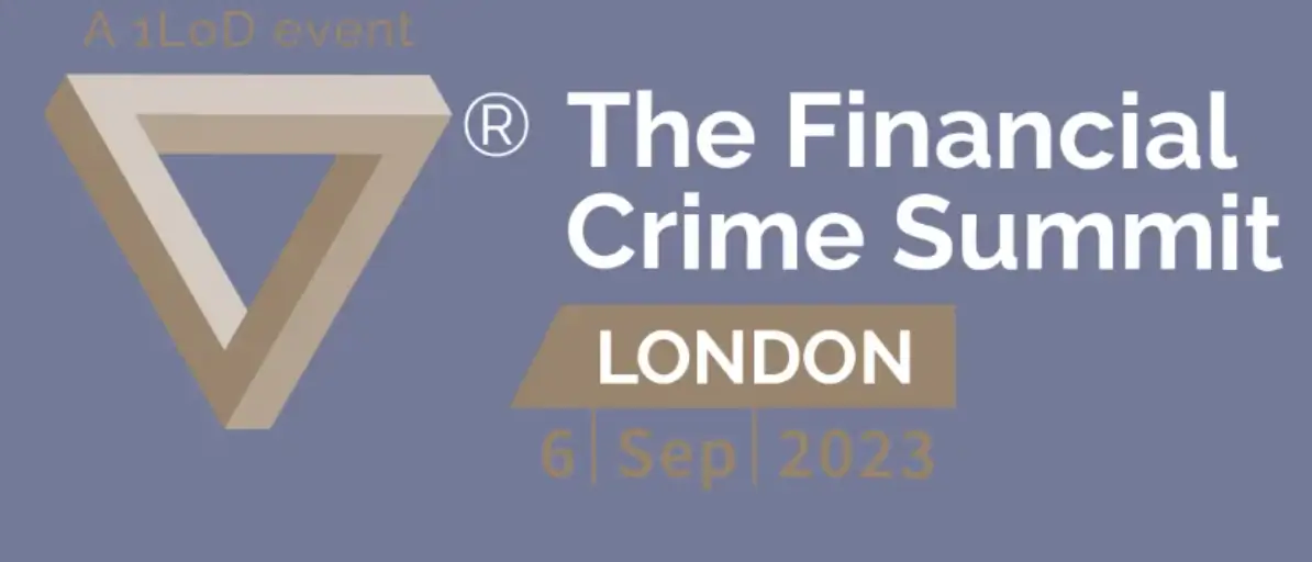 Logo of The Financial Crime Summit London with a Penrose triangle on the left and the date 6 Sep 2023 below the event name.
