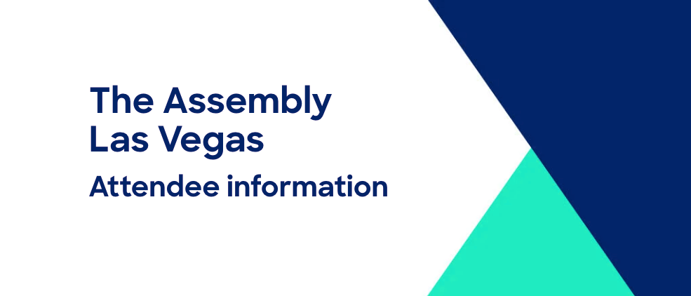 Text reading 'The Assembly Las Vegas Attendee information' with geometric shapes in navy blue and teal on white background.