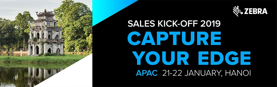 Promotional banner for Zebra's Sales Kick-Off 2019 event with the theme 'Capture Your Edge' for APAC region on January 21-22 in Hanoi, next to an image of historic stone tower reflected in a lake, surrounded by green trees.