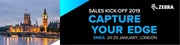 Evening view of London's Houses of Parliament and Big Ben across the River Thames, beside a black and blue graphic announcing Zebra's Sales Kick-Off 2019 event titled 'Capture Your Edge' held in EMEA on January 24-25 in London.