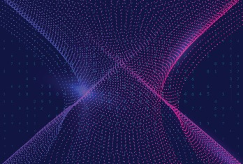 Abstract digital art of flowing, intersecting lines made of small purple and pink dots on a dark background with scattered numbers.