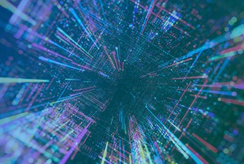 Abstract digital visualization resembling a tunnel of glowing blue and purple data streams converging towards the center.