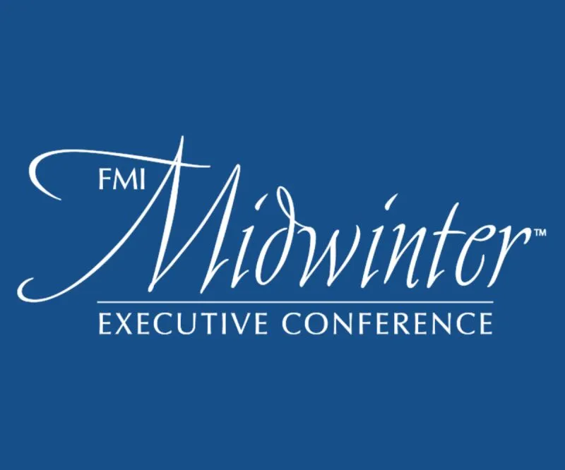 Text logo reading 'FMI Midwinter Executive Conference' in white on a blue background.
