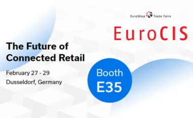 EuroCIS logo and details for the event 'The Future of Connected Retail' taking place February 27-29 in Dusseldorf, Germany, with booth E35 highlighted in a blue circle.