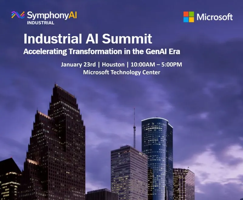 Advertisement for the Industrial AI Summit hosted by SymphonyAI Industrial and Microsoft, with event details January 23rd, Houston, from 10 AM to 5 PM at the Microsoft Technology Center, over a city skyline at dusk.