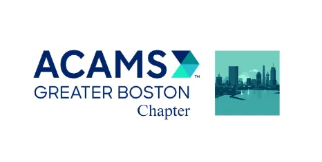 Logo for ACAMS Greater Boston Chapter featuring the text alongside a stylized graphic of a city skyline with water in front.